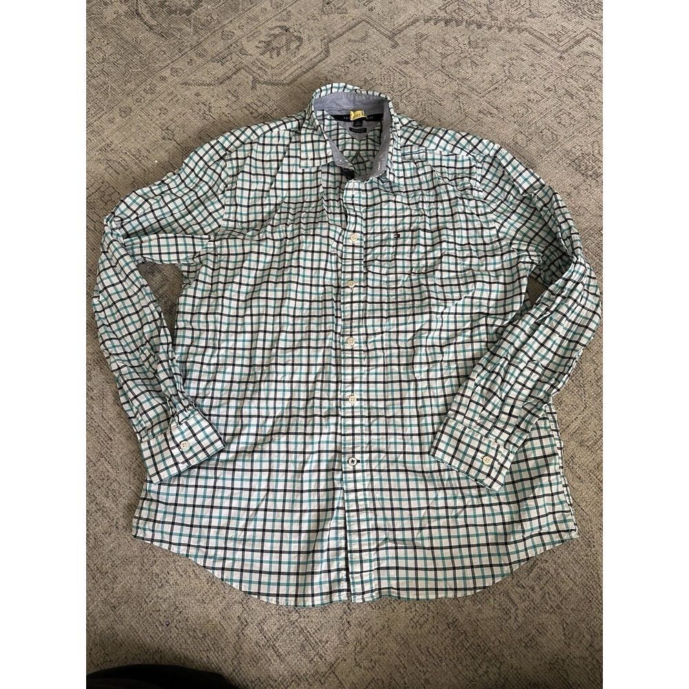 Tommy Hilfiger Blue Plaid LS Button Down Dress‎ Shirt Sz XL Preppy Office
